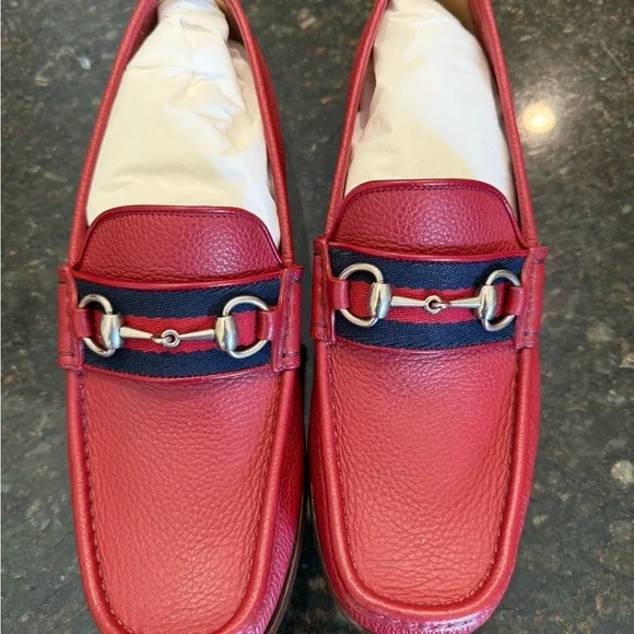 Gucci Red Leather Loafers with Silver and Blue Accents - Picture 1 of 4